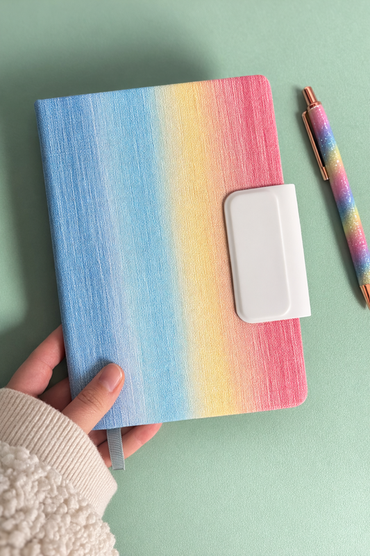 Hand holding a rainbow-colored notebook with a pen on a light green background
