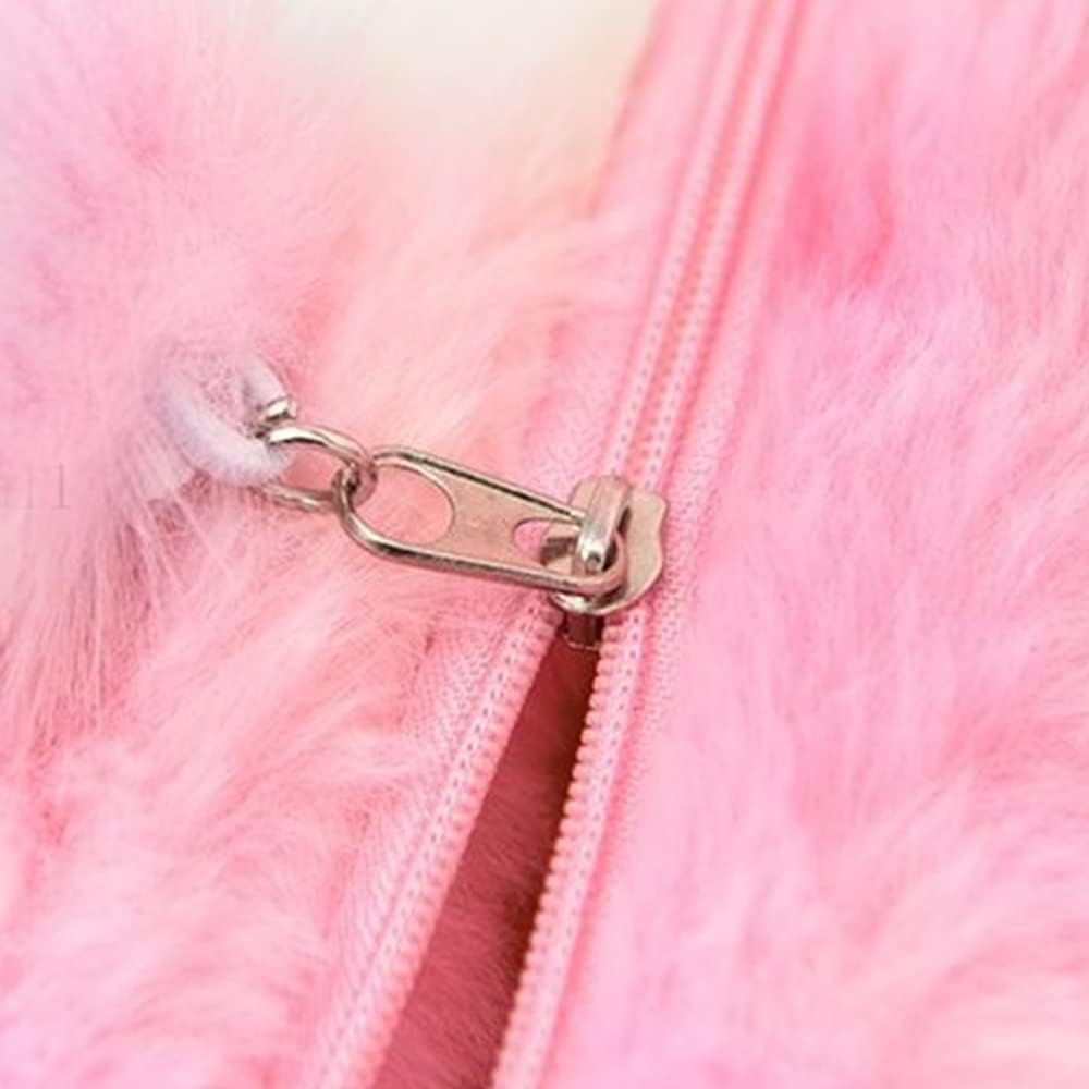 Rainbow plush pencil pouches with fluffy pom‑pom pull tabs in pastel gradient colors (pink, blue, lavender) arranged on a white keyboard and pink desk — cozy, fuzzy aesthetic ideal for stationery and bookish setups.