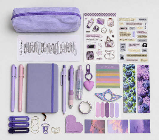 Collection of stationery items including a purple notebook, pens, and decorative stickers on a white background.