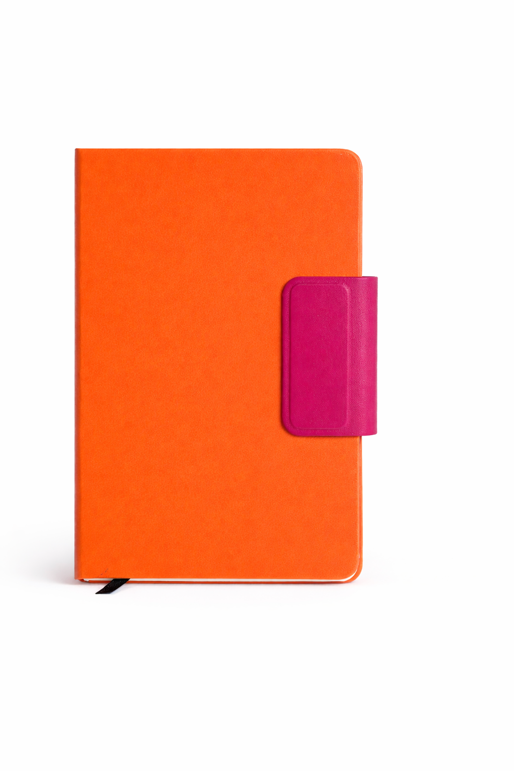 Bright orange notebook with magnetic closure a a strap bookmark