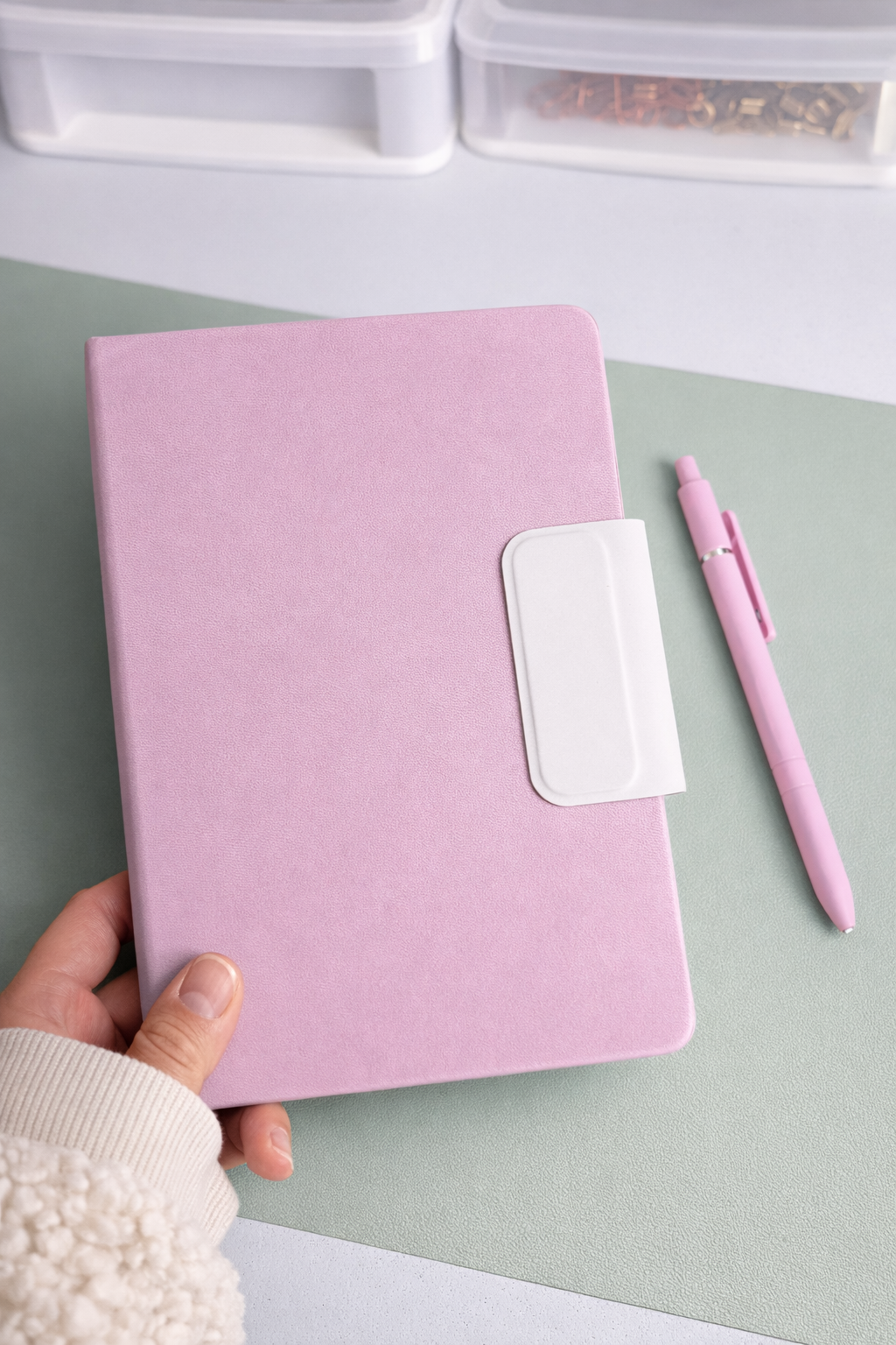 Light purple notebook with magnetic closure and a strap bookmark