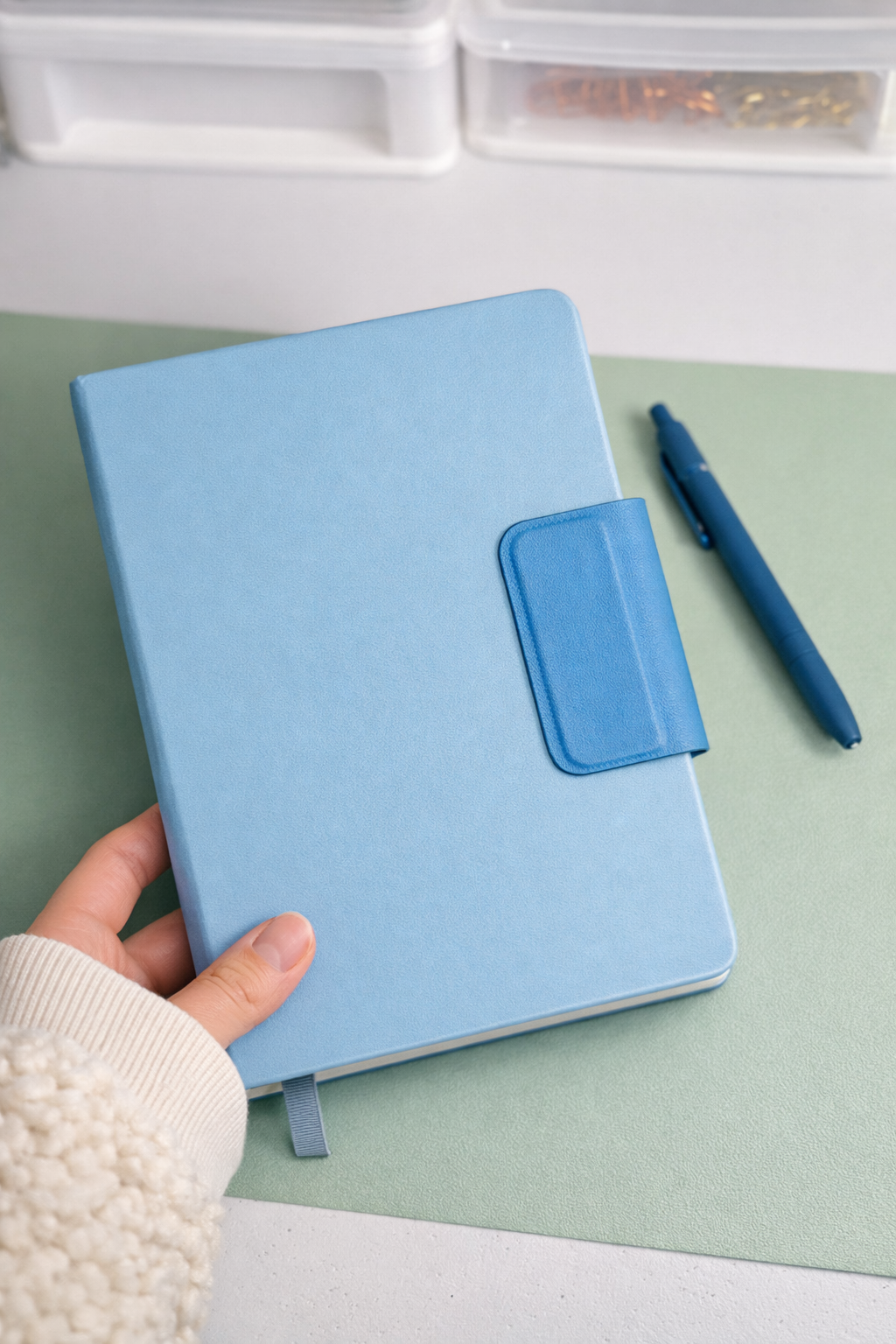 Light blue notebook with magnetic closure and a pen on a light green surface.