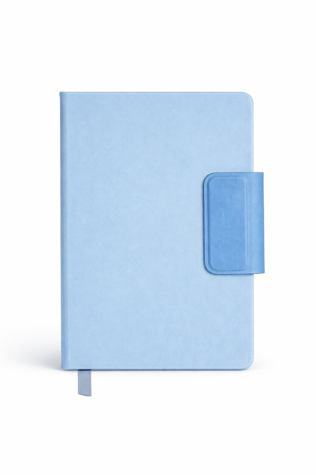 Light blue notebook with magnetic closure a a strap bookmark