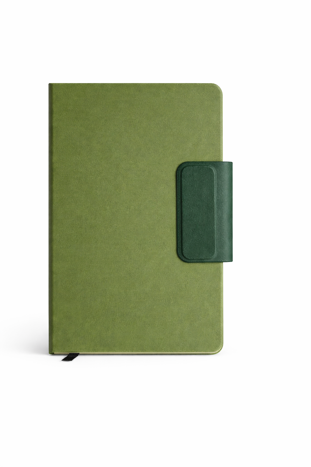 Green notebook with magnetic closure a a strap bookmark